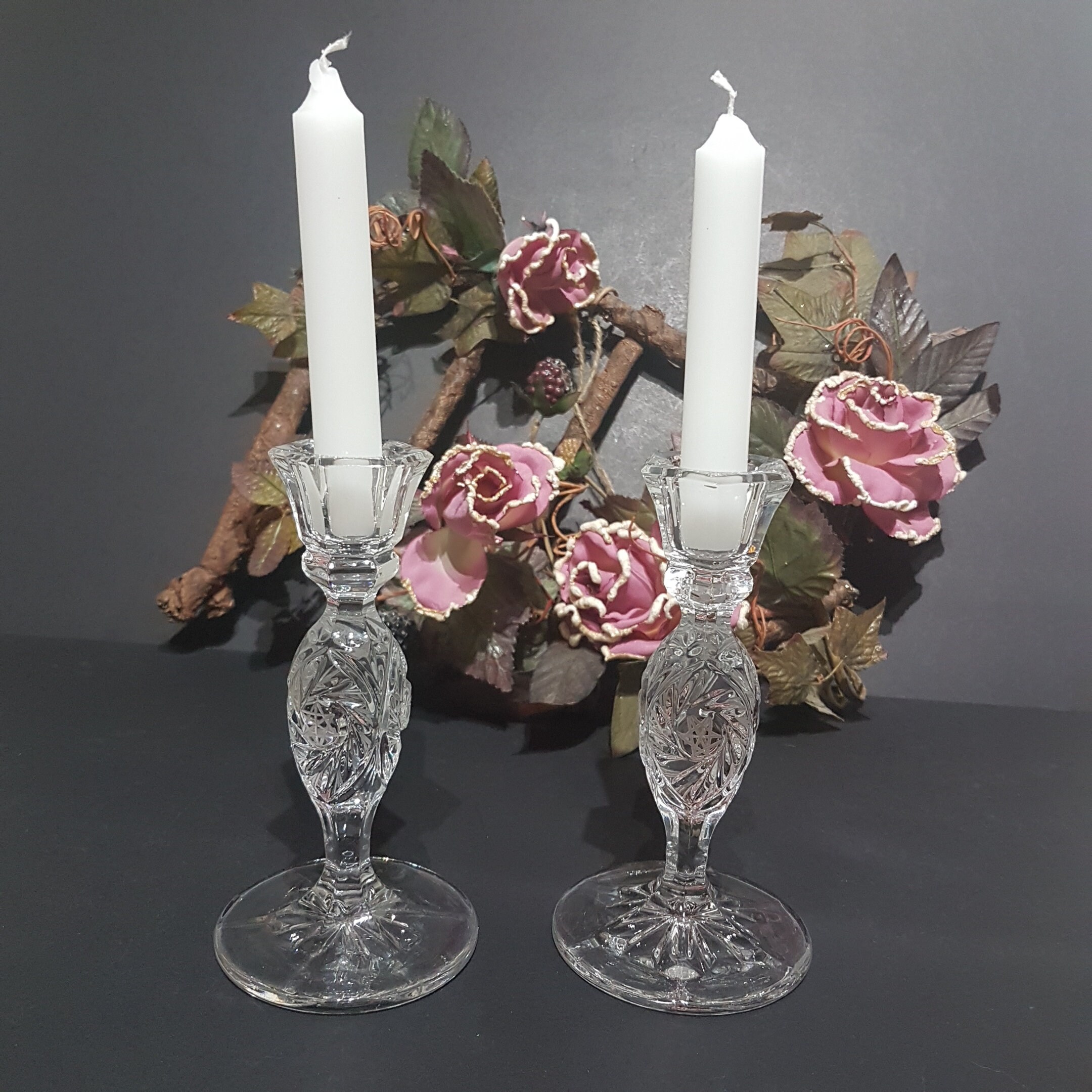 Pair of Lead Crystal Single Candle Holder by American Brilliant Cut