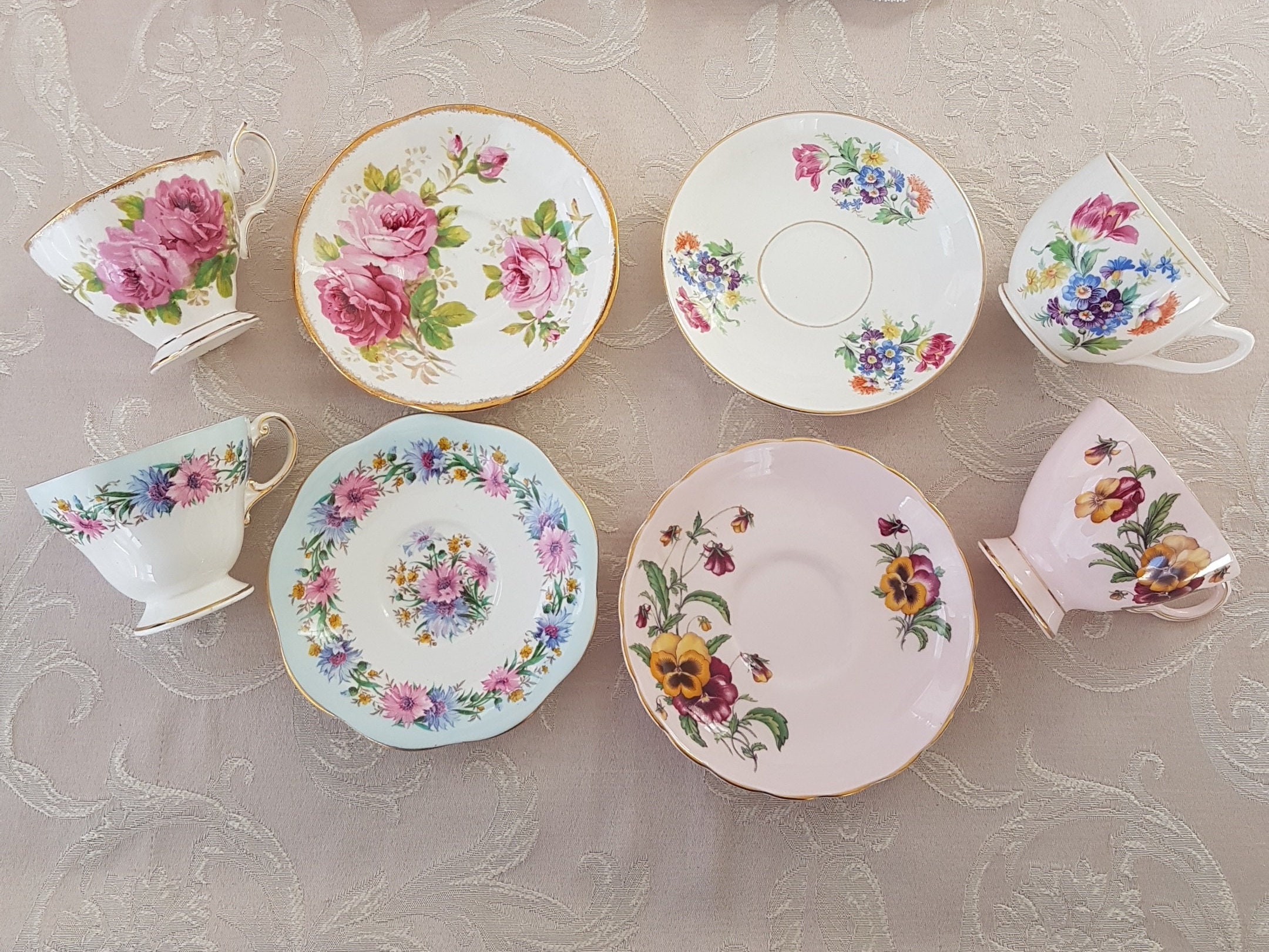 LOT of 4 Mismatched Tea Cups and Saucers, Bulk Vintage English Bone China, High Tea, Bridal