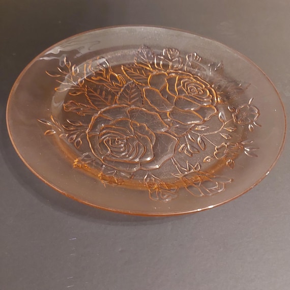 2pc KIG Indonesia Pink Rose Floral Glass Dinner Plates Vintage Pressed Glassware Set