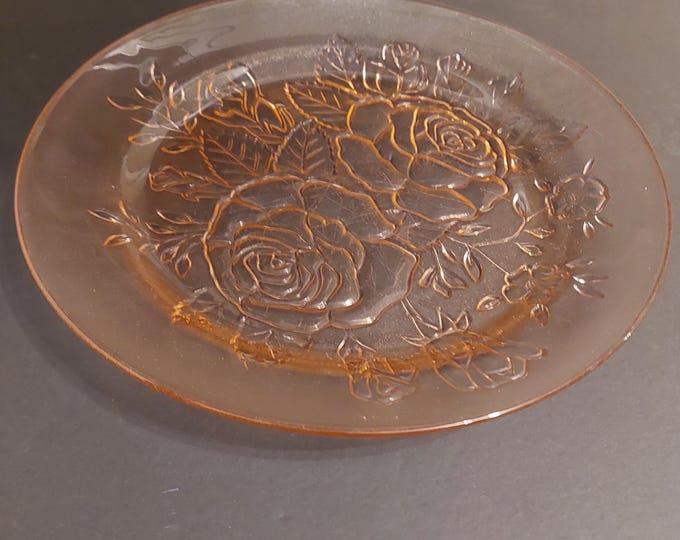2pc KIG Indonesia Pink Rose Floral Glass Dinner Plates Vintage Pressed Glassware Set