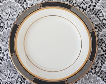 Elegant Noritake Society Satin Side Plates: Vintage Black Gray Porcelain Set for Modern Dining