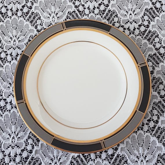 Elegant Noritake Society Satin Side Plates: Vintage Black Gray Porcelain Set for Modern Dining
