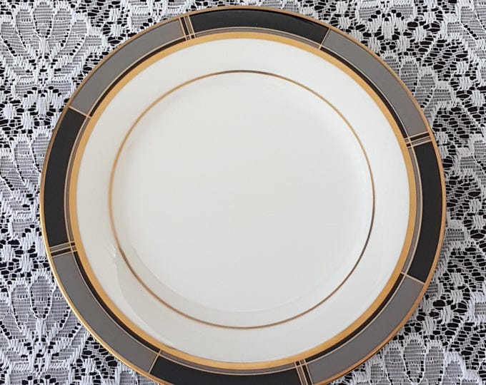 Elegant Noritake Society Satin Side Plates: Vintage Black Gray Porcelain Set for Modern Dining