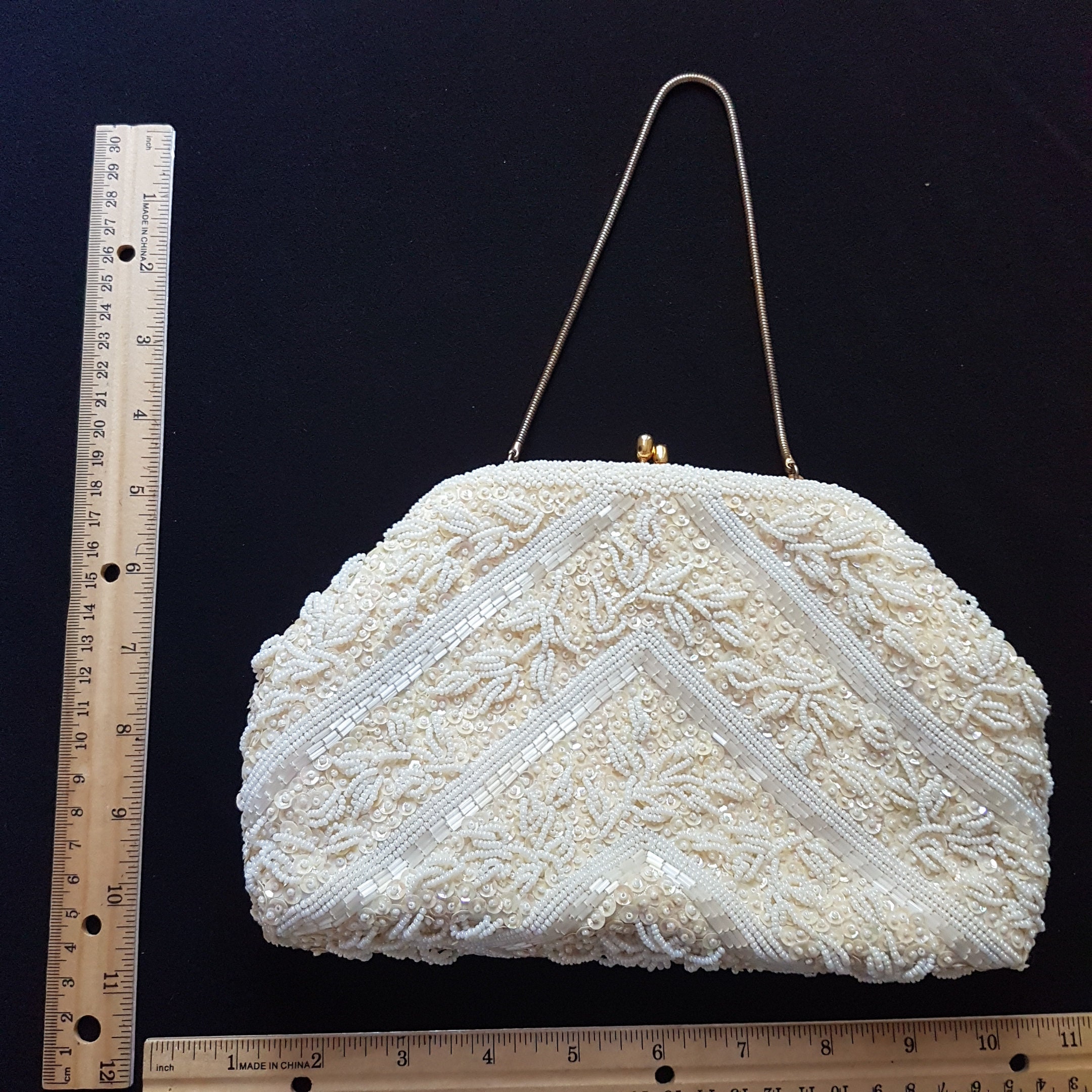 Vintage Conmar Beaded Mother Of Pearl White Ivory Hand Made In Hong Kong  Purse