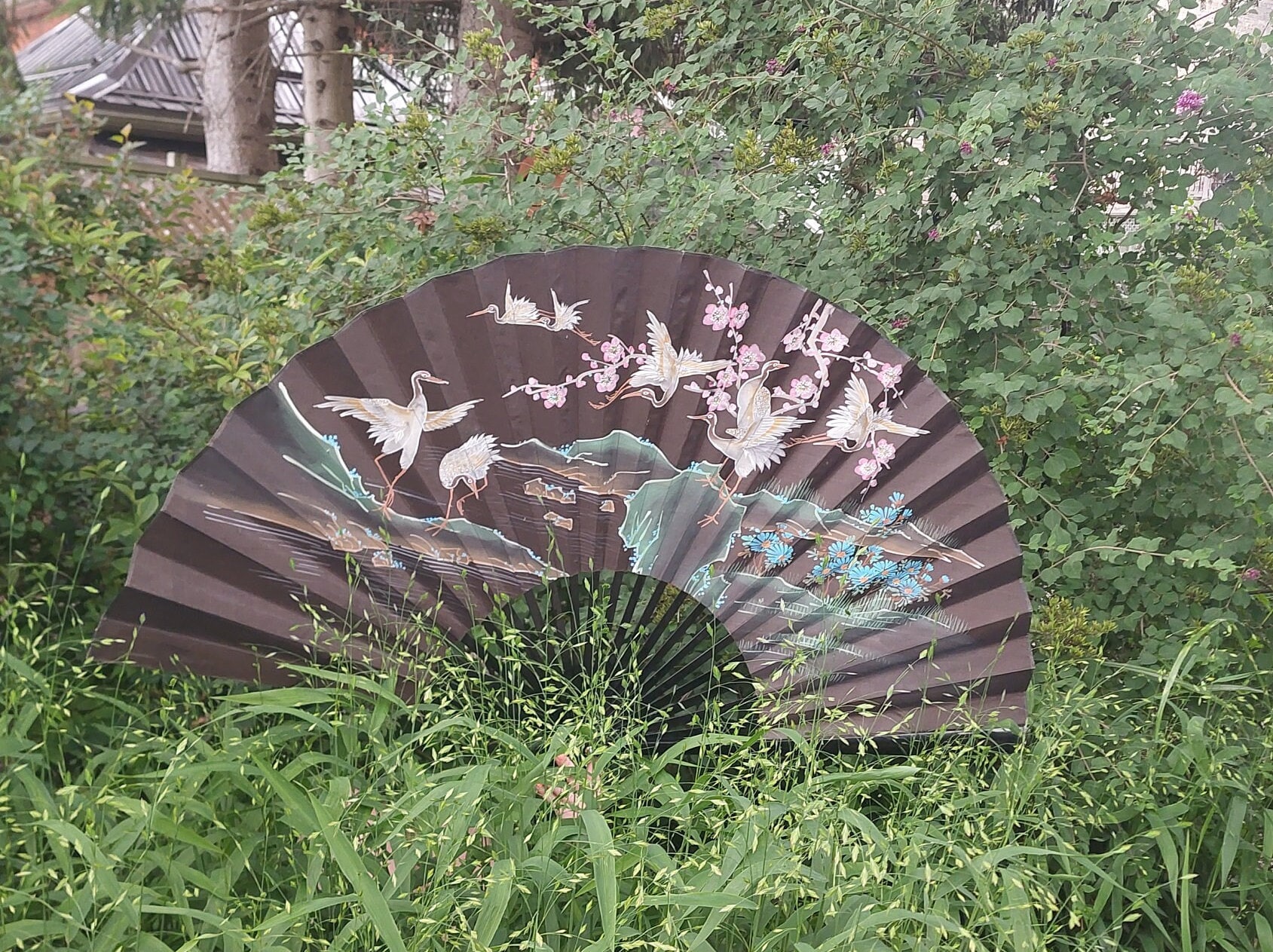 Vintage Large Japanese Decorative Wall Fan, Hand Painted Cranes and
