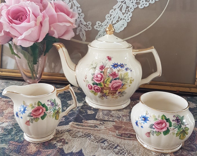 Sadler Teapot, Cream & Sugar Bowl, Vintage Tea Set, Flower Basket of Flowers, 4 Cup Capacity, Made in England, 1950's