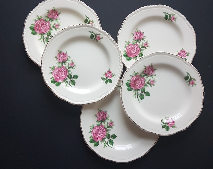 Wood and Sons Pink Rose Side Plates, Set of 5, Embossed Edge, Gold Trim, Similar to ENGLISH ROSE by Johnson Brothers, Made in England, 1950s