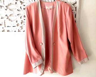 Vintage 80s 90s Gordon Dress Collarless Peach Cream Blazer Padded Shoulders
