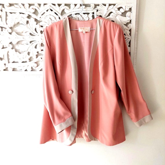 Vintage 80s 90s Gordon Dress Collarless Peach Cream Blazer Padded Shoulders