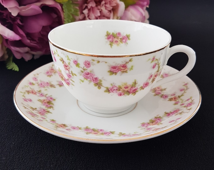 Antique Tea Cup and Saucer, Pink BRIDAL ROSE Porcelain by Rudolf Kämpf, Made in Czechoslovakia, 1912-1918