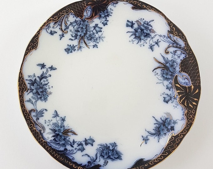 Grimwades Flanders Flow Blue Dinner Plate, Stoke Pottery England, 1900-1906 Antique Dinnerware