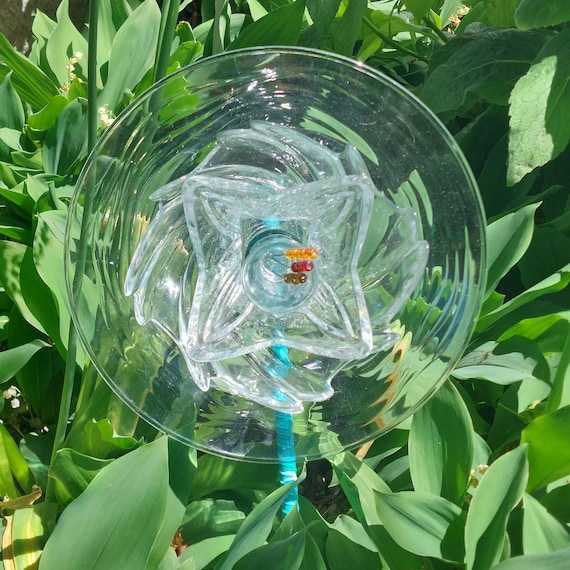 Handmade Clear Glass Garden Flower Stake Vintage Upcycled Yard Art Outdoor Garden Decor Gift