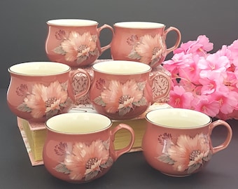 Denby Damask Stoneware Coffee Mug Set: Pink Floral Tea Cups, Made in England