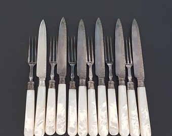 Antique Sterling Silver Mother of Pearl Fruit Dessert Knife Fork Set Boxed Sheffield Engalnd