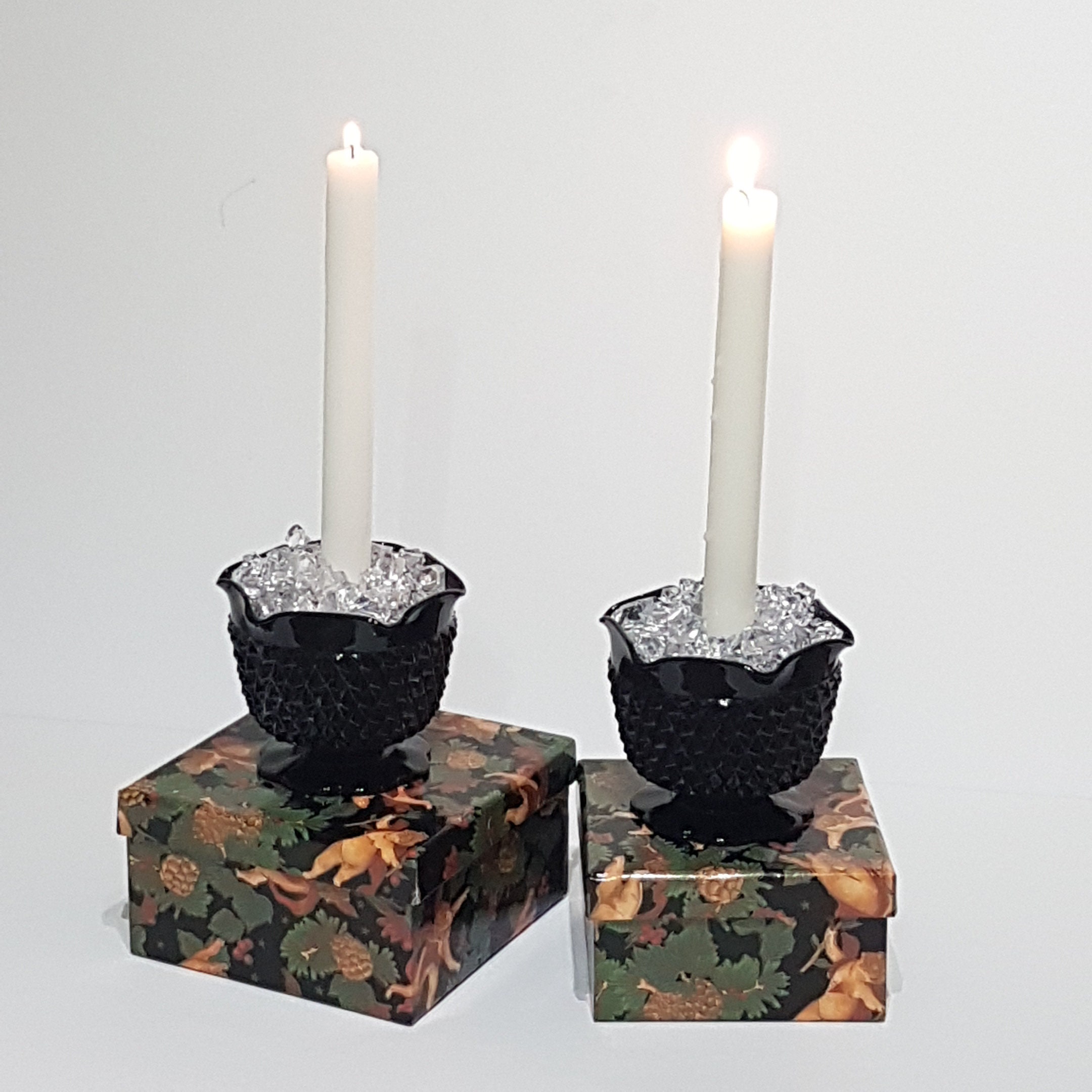 Pair of Candlestick Holders, Indiana Glass Cameo Black Diamond Point