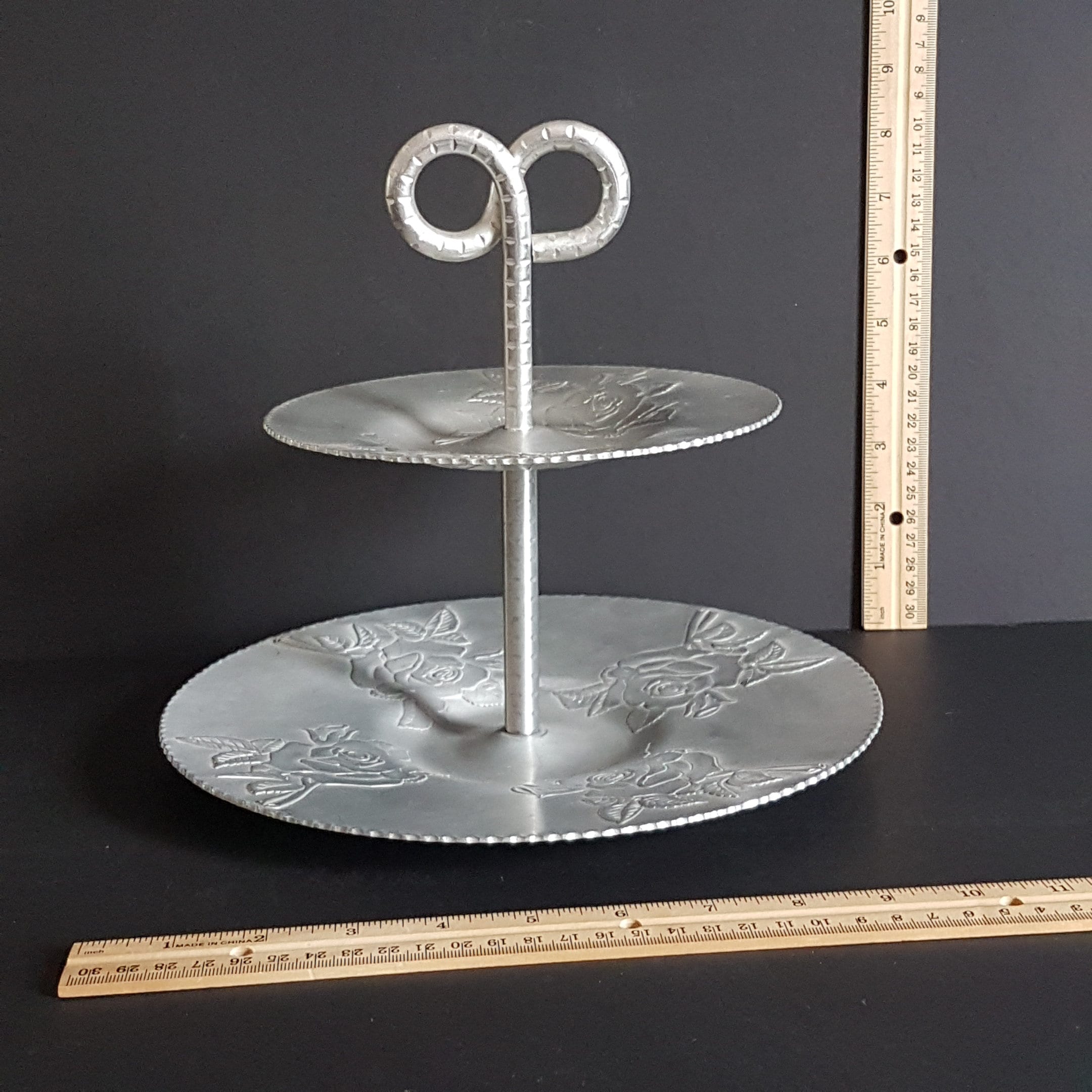 Hammercraft Aluminum Hammered 2 Tiered Cake Stand, Rose Pattern, Hand