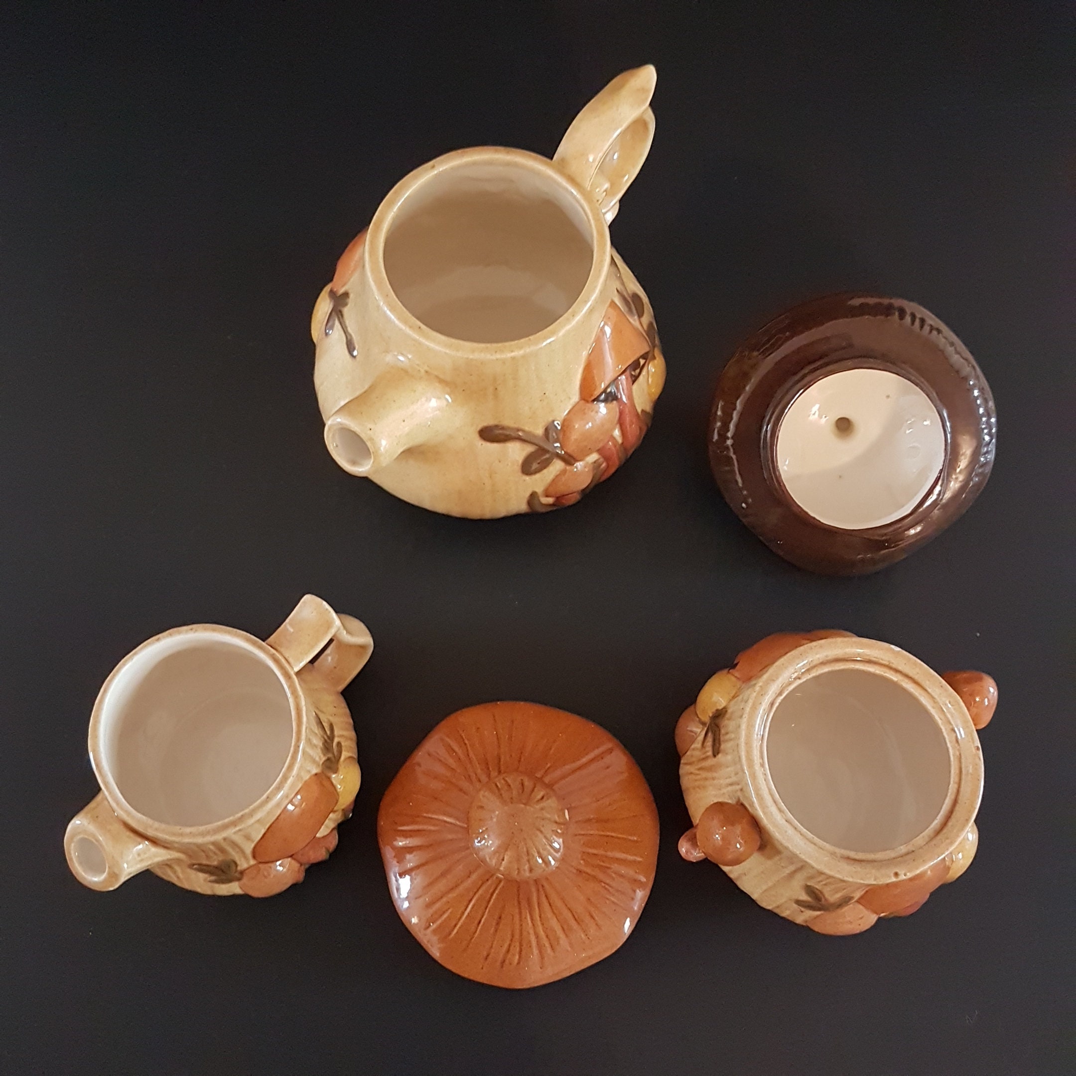 Arnel's Mushroom Pottery Tea Set, Mushroom Teapot Cream Sugar Set