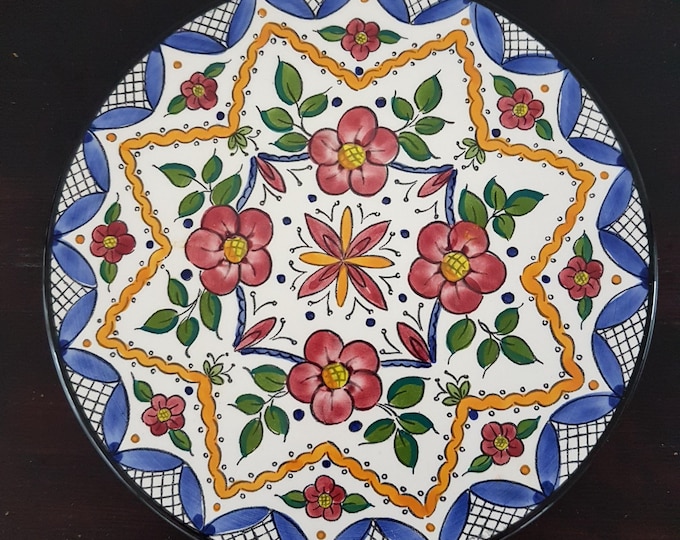 Ceramar Hand Painted Ceramic 9 inch Decorative Wall Plate of Colorful Kaleidoscope Florals