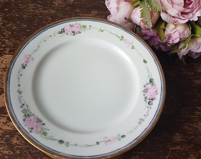 MZ Austria Salad Plates, Set of 4, Signed by Decorator, Hand Painted Pink Roses, Antique Porcelain Dinnerware, 1914