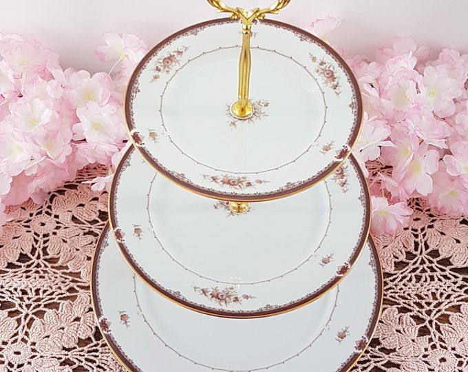 3 Tier Cake Stand, Noritake BORDEAUX Dusty Rose Pink Roses, Tea Party, Serving Tray, Birthday Gift for Her