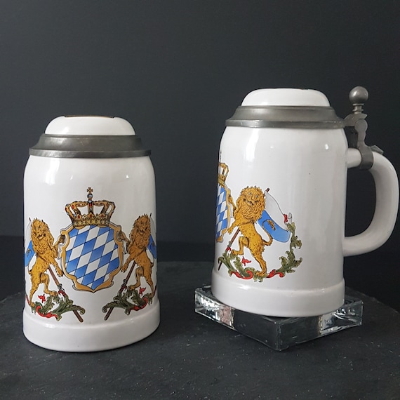 Vintage Gerz Beer Stein, Pewter Lid, Bayern Coat of Arms, West Germany Stoneware