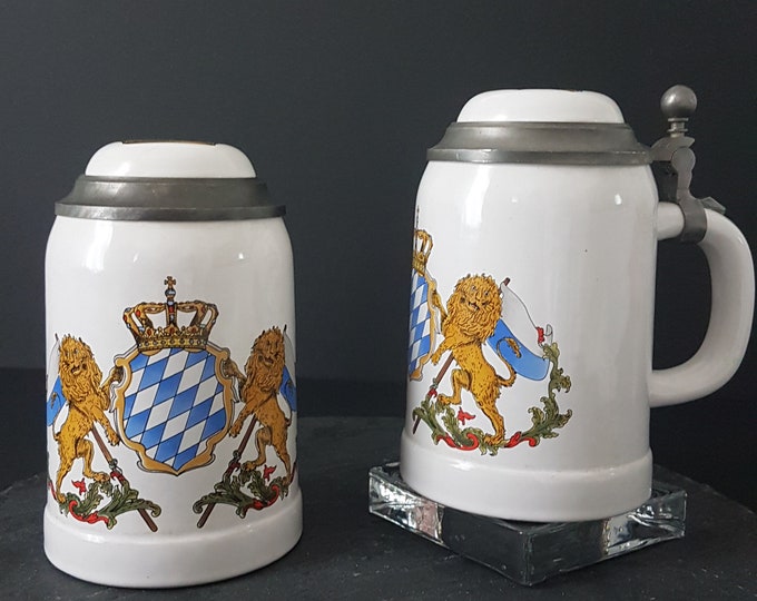 Gerz Beer Stein, 94% Zinn (Pewter) Lid, Bayern Germany Coat of Arms, Half Liter, Pint, Tankard, Sold Individually