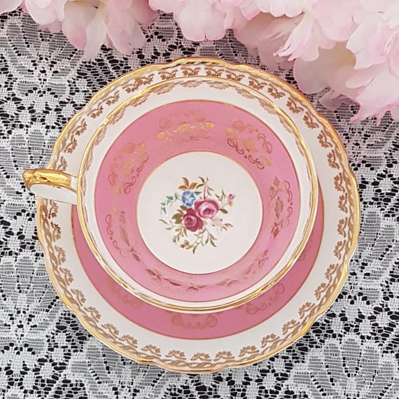 Vintage Pink Bone China Tea Cup & Saucer - Sutherland England Wide Mouth 1940s
