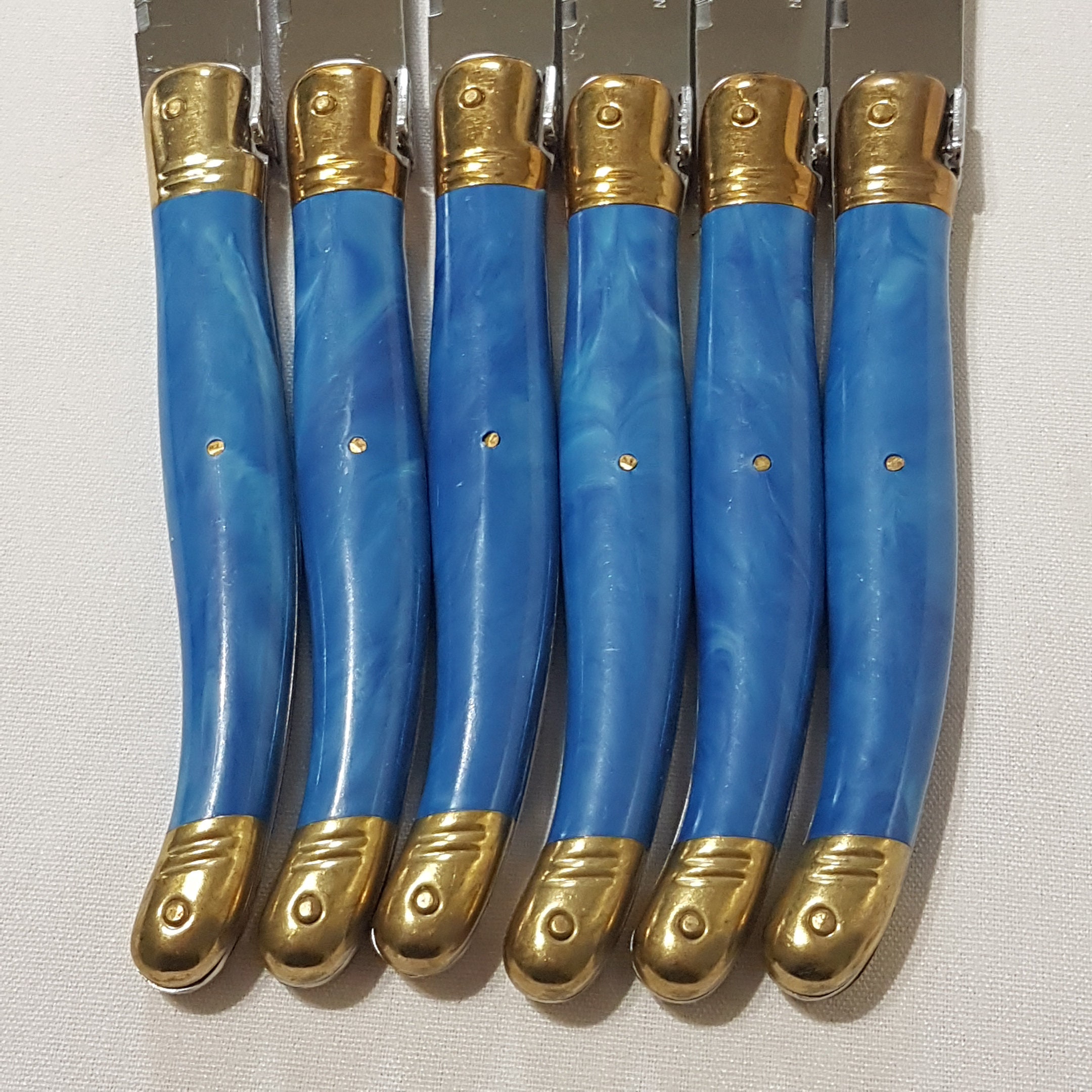 French Laguiole Steak Knife Set, Faux Blue Marble