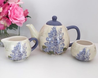 Lilac Collection Tea Pot Set with Cream Sugar Bowl Classic Giftware Ceramic Teapot