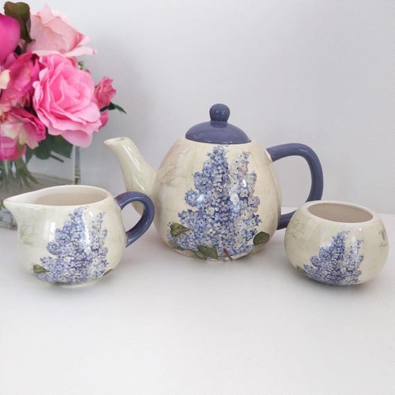 Lilac Collection Tea Pot Set with Cream Sugar Bowl Classic Giftware Ceramic Teapot