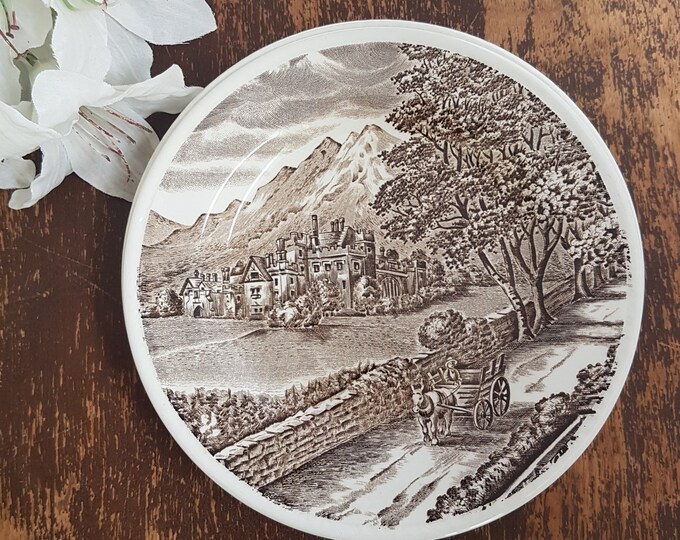 7" WESTMORLAND Wood & Sons Brown Transferware on Cream, English Country Side Scene, Set of 4 Side Plates, Rope Edge, 1970s