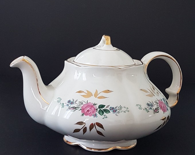 English Teapot, White Ironstone Tea Pot with Pink Roses, 5 Cups, Vintage Elllegreave Pottery by Wood & Sons