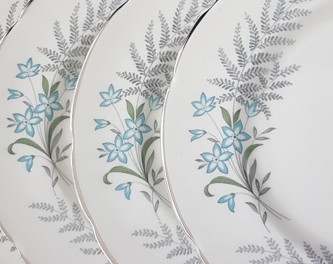 Imperial Fine China England, ROYAL FERN Side Plates, Set of 4, Gray Ferns, Blue Flowers, Silver Platinum Edge, Made in England