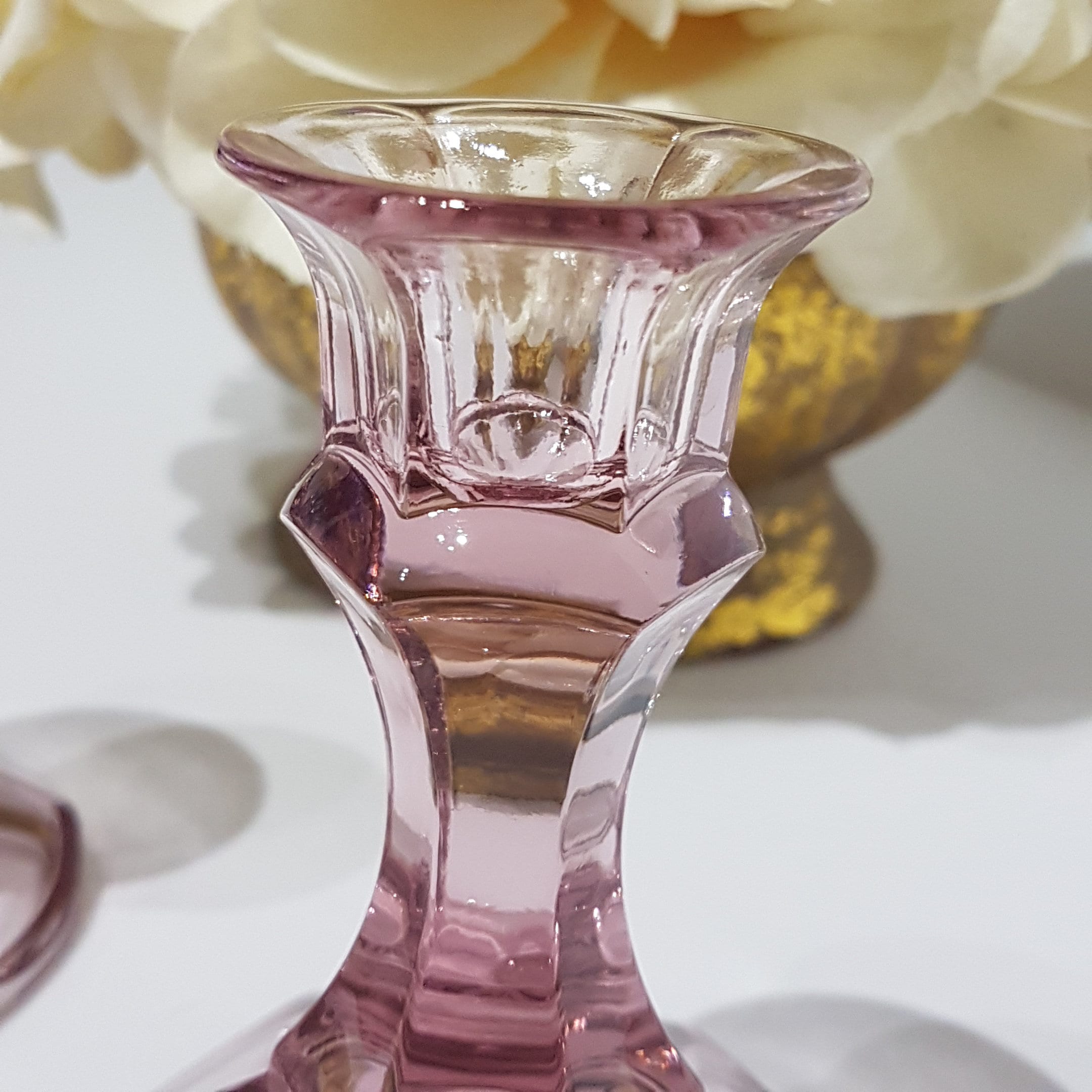 Pair of Vintage Pink Glass Candlestick Holders, Pink Glass Tapered