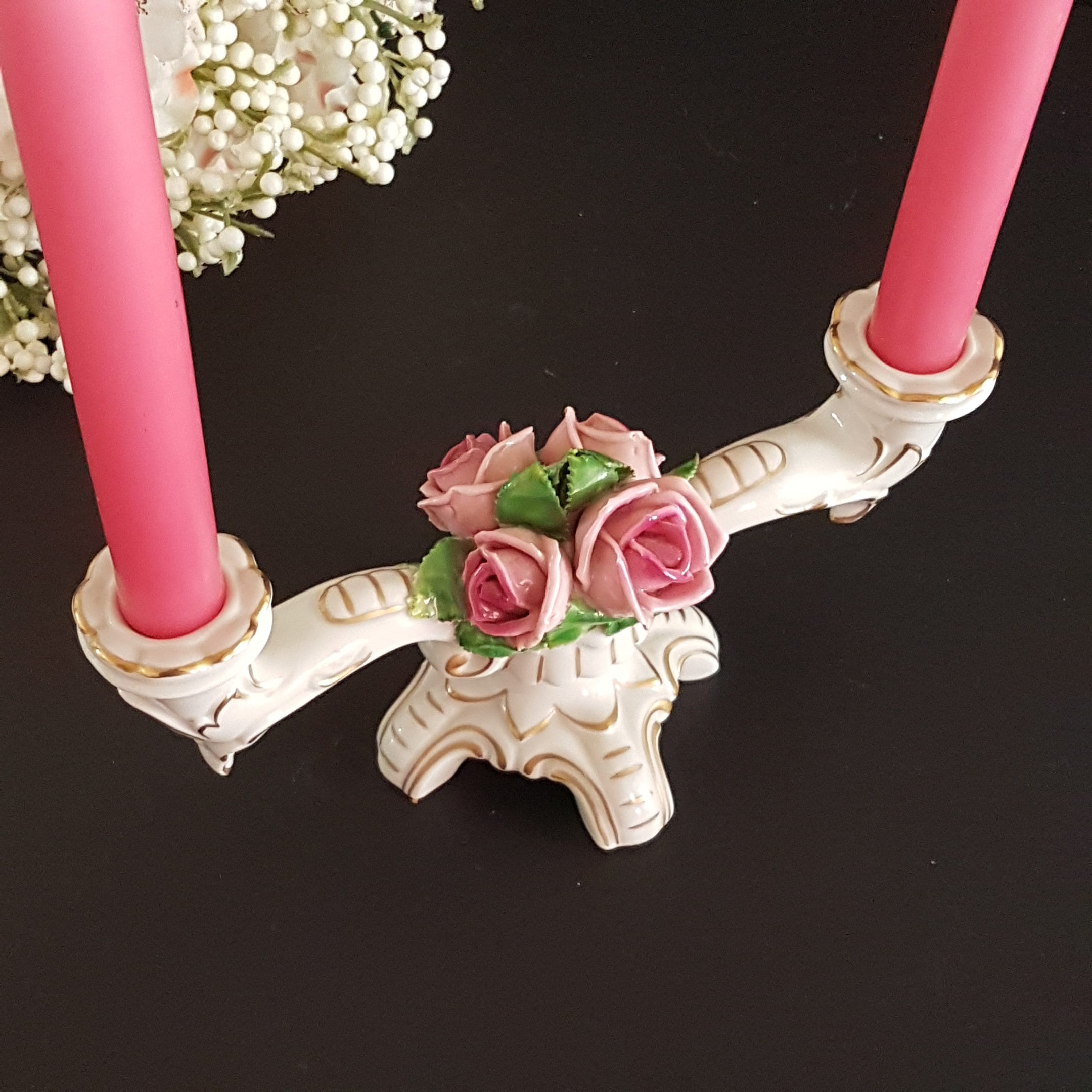 Porcelain Double Light Candlestick Holder, Pink Roses, Vintage Taper