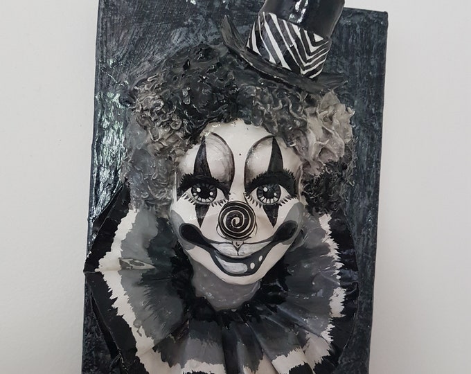 Paper Mache Clown, Mexican Folk Art, Vintage Wall Hanging Black White Clown Plaque, 8.5 x 6 Inch, Signed by Artist