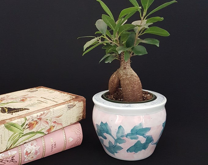 Vintage Planter, Chinoiserie Planter, 6 inch Pink Green Jardiniere, Asian Decor, 1980s