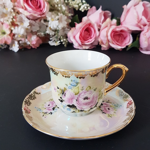 Vintage Czech Porcelain Tea Cup and Saucer Hand Painted Floral Lusterware Collectible Antique