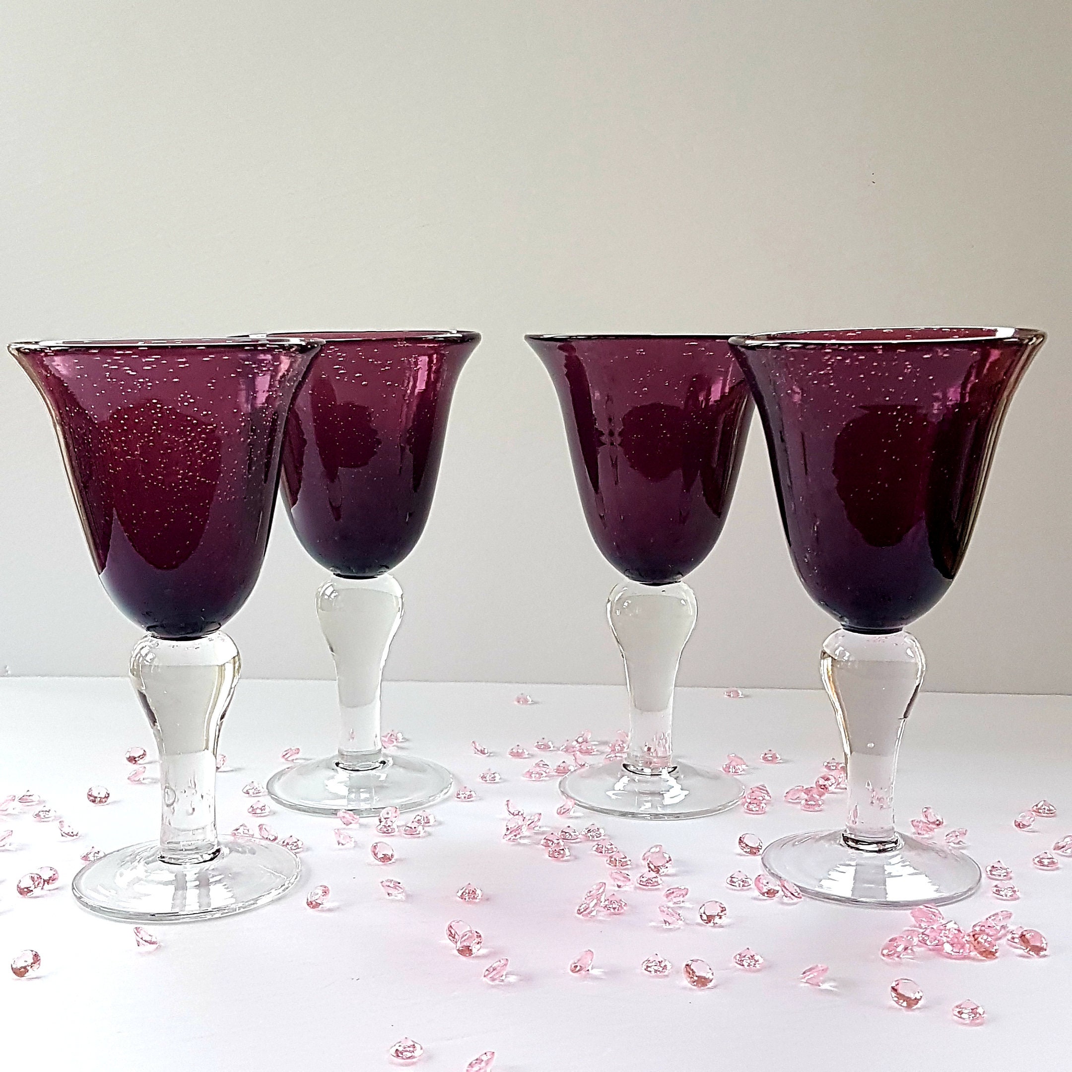 Elements Fluted Wine Glasses Vintage Purple Crackle Hand Blown