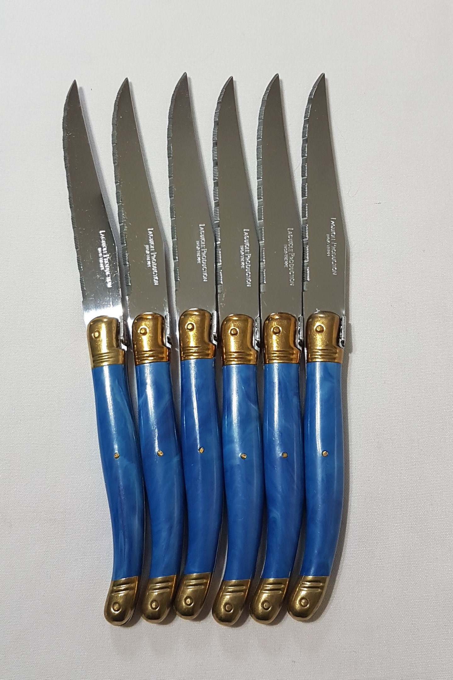 French Laguiole Steak Knife Set, Faux Blue Marble