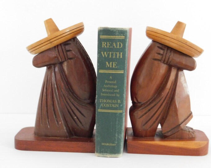 Pair of Hand Carved Wooden Bookends, Mexican Sleeping Man & Women in Sombrero, Siesta Time, Mexican Latin America Folk Art