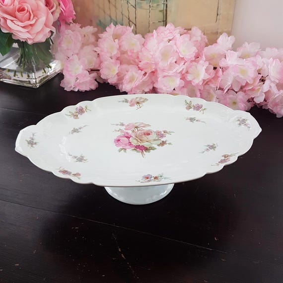 Vintage Limoges LEC for LeClair Oval Pedestal Dessert Stand with Pink Rose Pattern