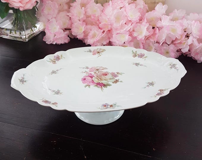 Vintage Limoges LEC for LeClair Oval Pedestal Dessert Stand with Pink Rose Pattern