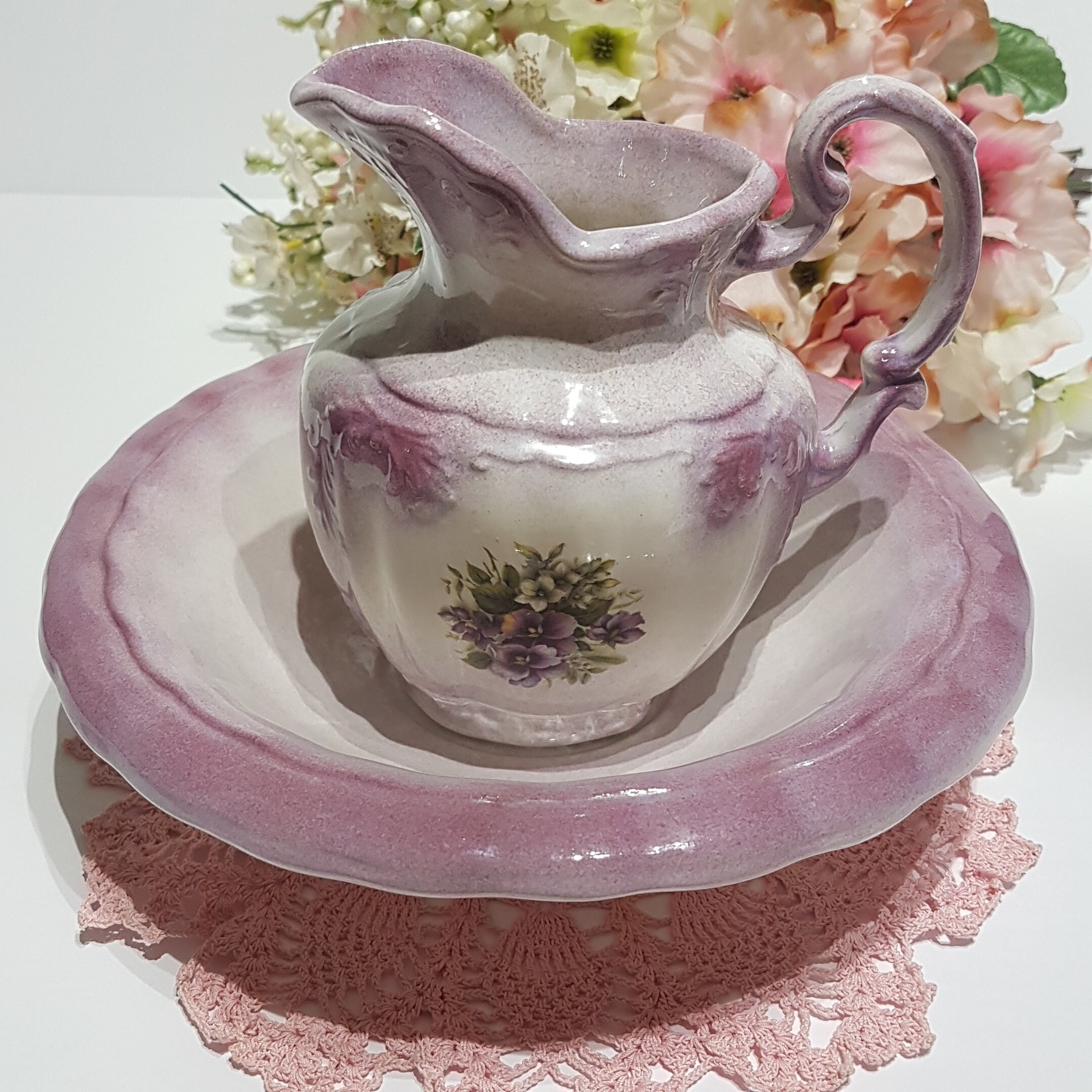 Vintage Arner's Ceramic Purple Violets Floral Pitcher & Basin Set