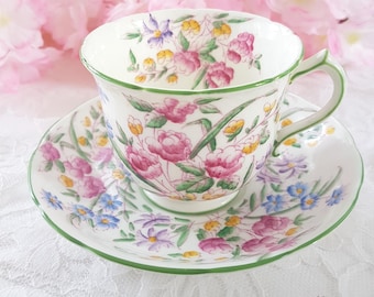 Vintage 1970s Hammersley Bone China Tea Cup & Saucer | Pink Blue Floral