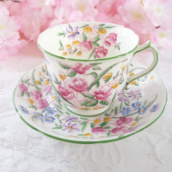 Vintage 1970s Hammersley Bone China Tea Cup & Saucer | Pink Blue Floral