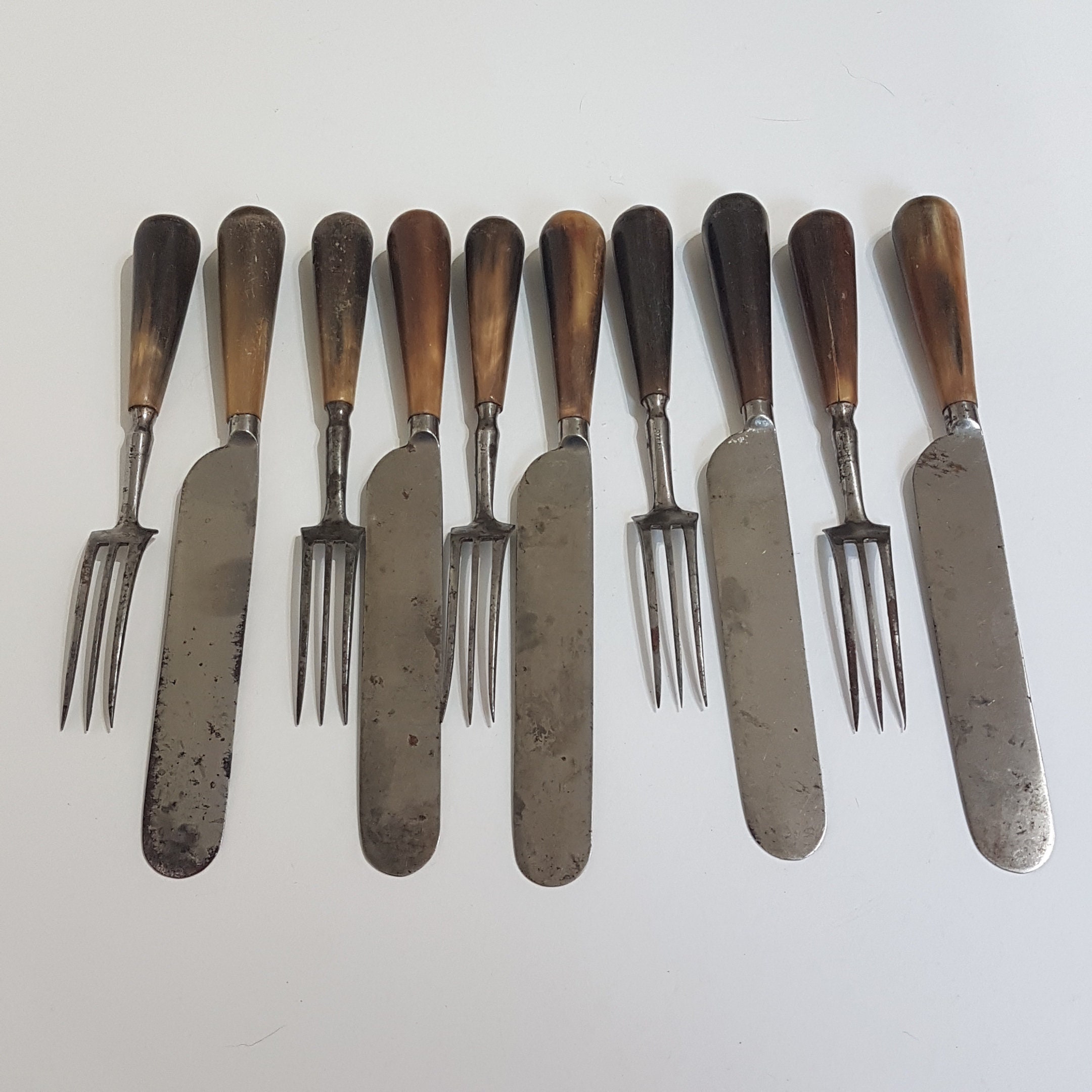 Antique 19th Century John Dobie Cutlery 5 Fork 5 Knife Set, Staghorn