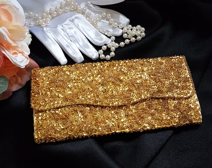 MCM Gold Envelope Clutch Purse, Gold Beads & Gold Sequins, Snap Closure, Made in Hong Kong, 1960s