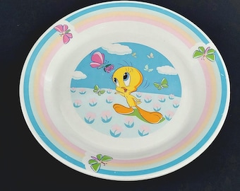 Vintage Gibson Looney Tunes Tweety Bird Ceramic Dinner Plate Set - Rainbow & Butterflies Design