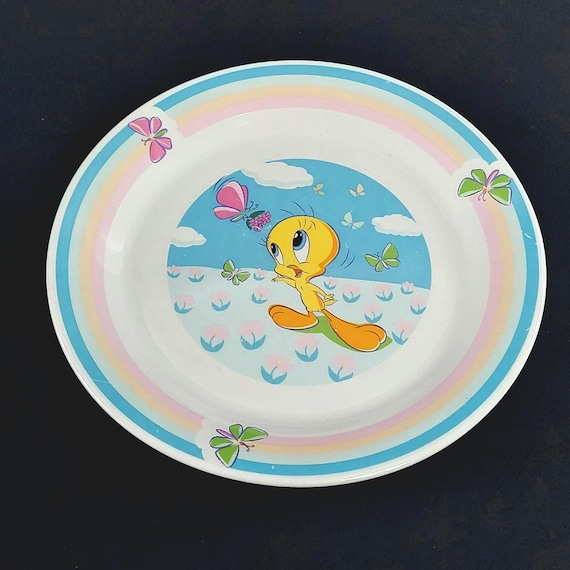 Vintage Gibson Looney Tunes Tweety Bird Ceramic Dinner Plate Set - Rainbow & Butterflies Design